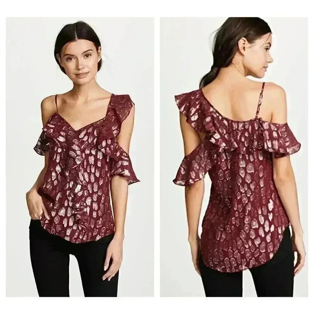 Veronica Beard Benton Top Ruffles One Shoulder Red/Silver‎ Size 8